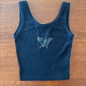 Black Tank Top with Rhinestone Butterfly